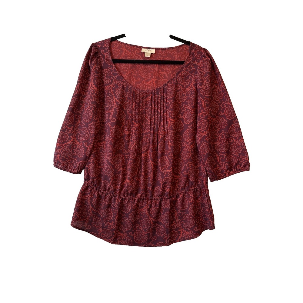 Loft Burnt Red Paisley Floral 3/4 Sleeve Shirred Peplum Top L Romantic Goth Boho